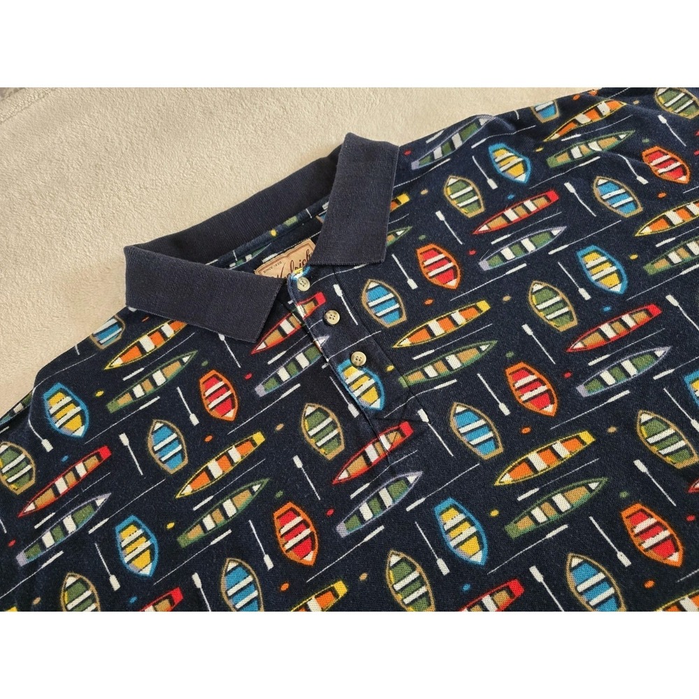 Woolrich Mens Short Sleeve Polo Shirt Size 2XL Tall Blue Boat Canoe Print